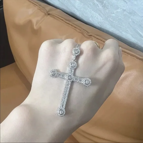 New Luxury 925 Silver Beautiful Cross For Men Women Diamond Necklace - Picture 9 of 15